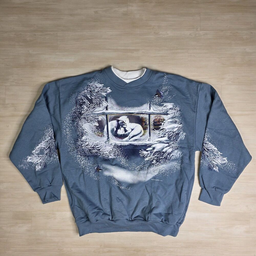 Vintage Art Unlimited Sportswear Sweatshirt Winter Window Scene Cats‎ Snow Large